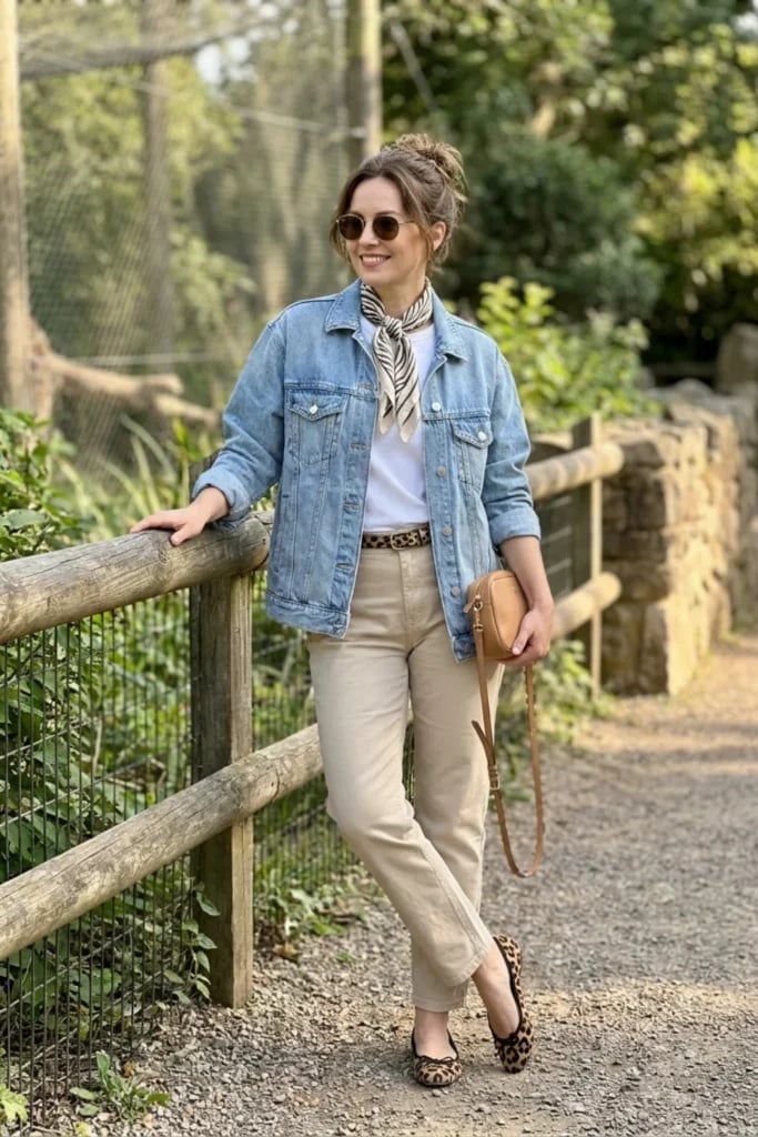 Denim Jacket with White Tee and Leopard Print Flats — Zoo Outfits