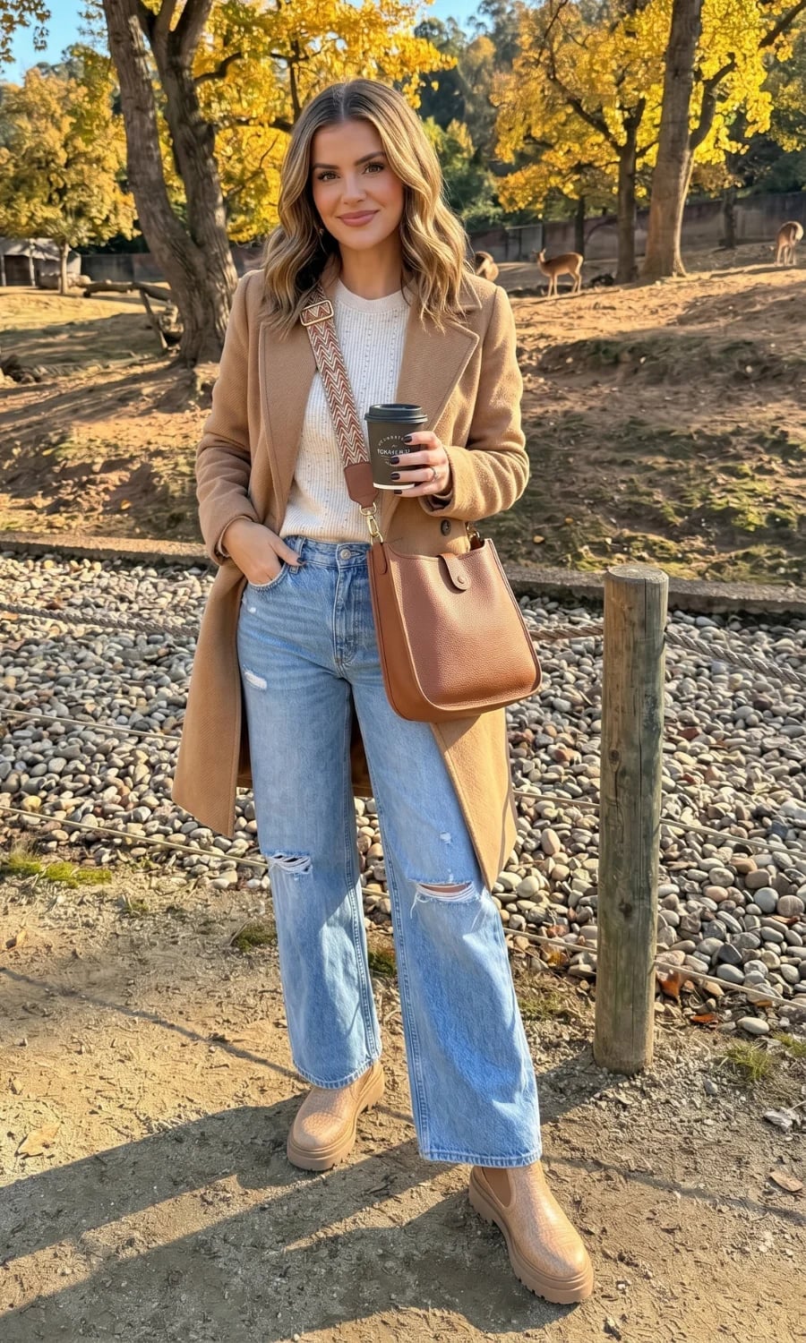 Camel Coat Over Textured Knit and Ripped Jeans — Zoo Outfits