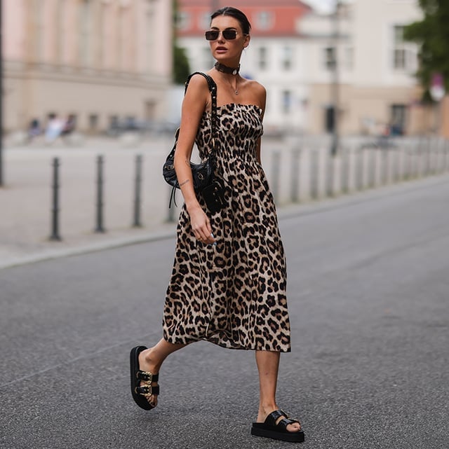 Strapless Leopard Print Midi Dress with Platform, Close-Up Take — Zoo Outfits